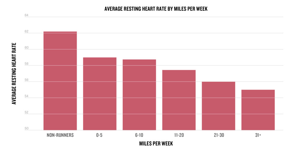 ผู้ที่ไม่ได้วิ่งมีอัตราการเต้นหัวใจขณะพักเฉลี่ยอยู่ที่ประมาณ 62 bpm ยิ่งวิ่งมาก ตัวเลขนี้ก็ยิ่งลดลง